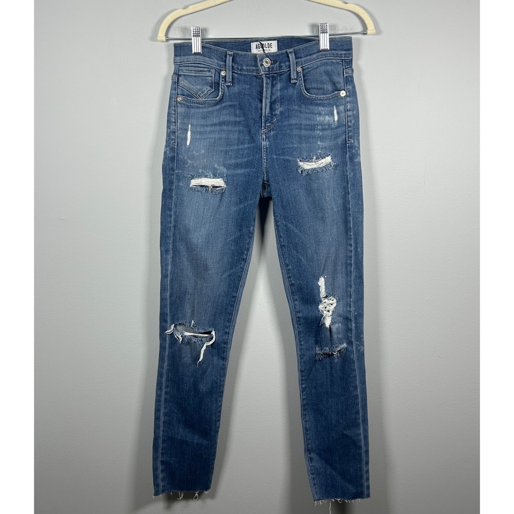 Agolde Sophie Skinny Jeans Women's 25 Cannes Blue High Rise Distressed Hem Crop